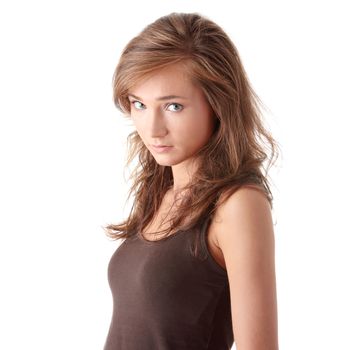 Young caucasian woman portrait, over white background