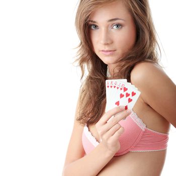 Sexy lady with poker combination over white background