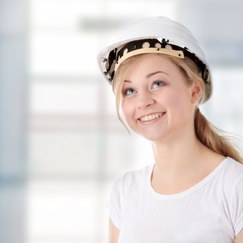 Architect woman in white helmet isolated on white background