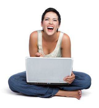 Laughing laptop computer woman isolated