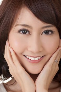 Glamor of Asian beauty, closeup portrait of face with smile.
