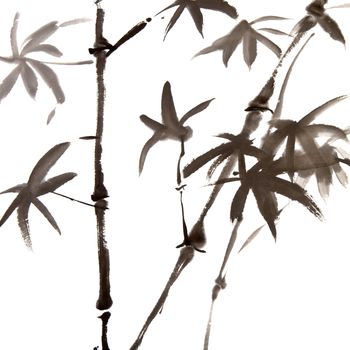Chinese traditional ink painting of bamboo on white background.