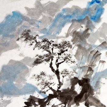 Chinese painting of traditional ink artwork of landscape with mountains and pine tree.