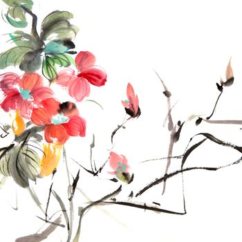 Chinese traditional painting of ink artwork with colorful flowers on white art paper.