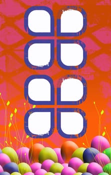 A portrait format image of an easter themed background on an orange base with stylized foliage and easter eggs. Graphic shapes in cenere ideal for inserting pictures or text.