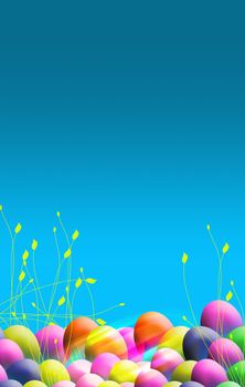 A portrait format poster image with an easter theme on blue with colored easter eggs at the base of the image.
