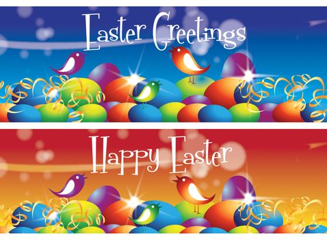 Two landscape banners with an illustrated easter theme comprising of colorful easter eggs and stylized birds.