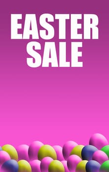 A portrait format image of an easter sale poster with a dayglow pink background with easter eggs at the base. Copy space available.