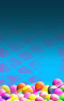 A portrait format poster image or background with an easter theme on blue with colored easter eggs at the base of the image and an abstract pattern to the base.