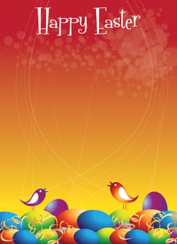 A portrait format illustrated and easter themed poster or background. Set on a gradated orange base with colorful easter eggs and birds to the base of image. Copy space available.