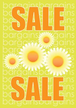 A portrait format SALE poster with a spring or summer theme. Set in orange and green with the words bargain repeated in the background.