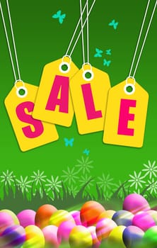 A portrait format sale poster with an easter theme. Sale tags hang down over colourful easter eggs on a green background.