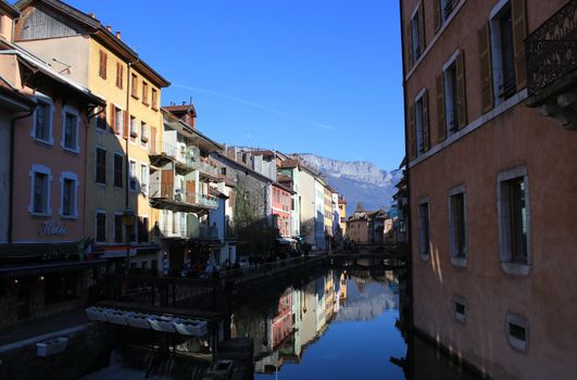 Houses near th canal in old citiy of Annecy, France, by beautiful weather