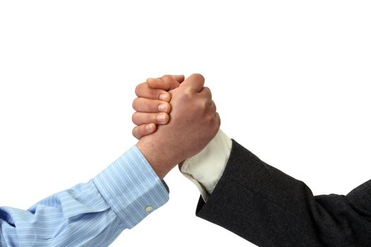 Arm wrestling in the office isolated on white background. 