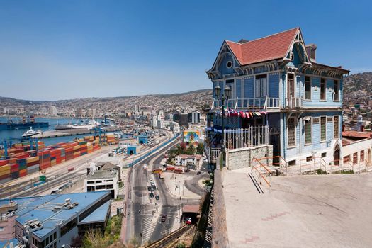 Colorful house in Valparaiso, Chile with view on yhe port. UNESCO World Heritage.