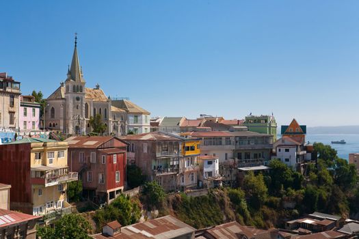 Viewed on Cerro Concepcion, Valparaiso historic World Heritage of UNESCO, with Pacific Ocean in background