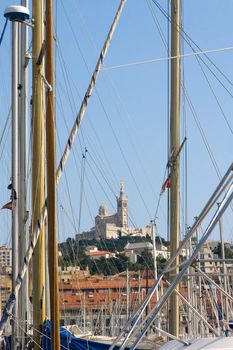 The Old Port of Marseille, view on the cathedral