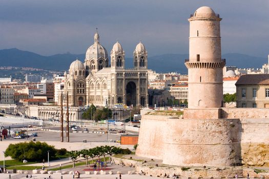 Medieval Fortress and cathedral on the waterfront in Marseille France
