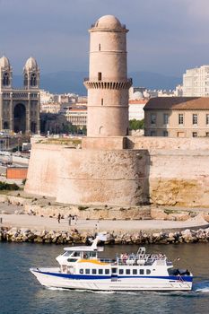 Medieval Fortress and cathedral on the waterfront in Marseille France