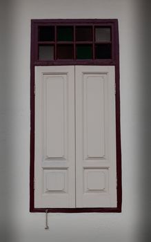 White long vintage solid wood windows with dark brown liner, Thai contemporaly art and craft.