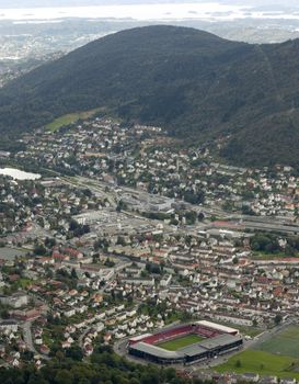 View from Ulriksbanen over Bergen city, the football stadium in front