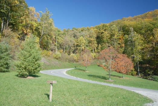 A road shown during the fall of the year ready for a nice drive