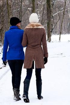 two sisters seen from behind walking in the snow