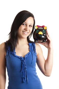 a young woman with a piggy bank on her shoulder isolated on white