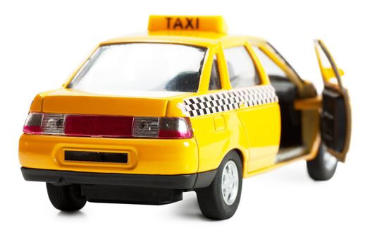 Little taxi car (toy) with opened door on white background