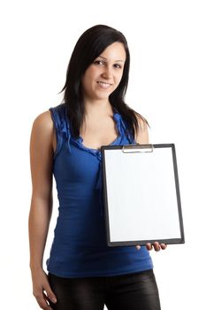 a young woman holding a clipboard with an empty sheet of paper isolated on white