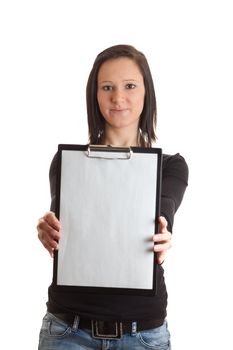 a young woman holding a clipboard with an empty sheet of paper in front of her isolated on white