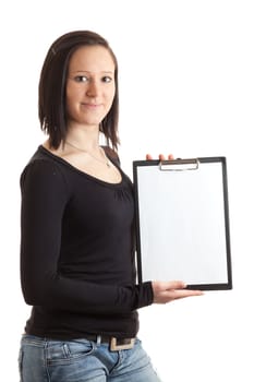 a young woman presenting a clipboard with an empty sheet of paper isolated on white