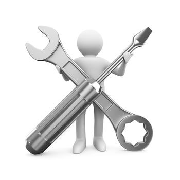 Man with wrench and screwdriver. Isolated 3D image