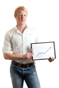 a young businessman holding a chart indicating growth