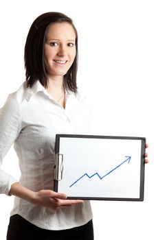 a young woman holding a chart indicatin growth