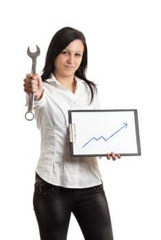 a young woman holding a chart indicatin growth