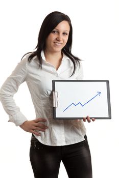 a young woman holding a chart indicatin growth