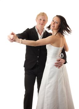 a young couple dancing isolated on white