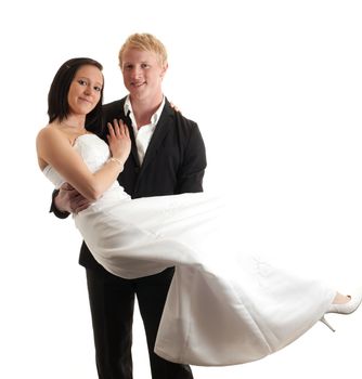 a young man carrying a young woman isolated on white