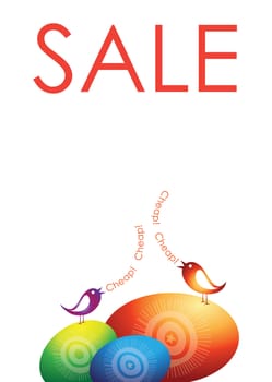 A portrait format image based on a sale display poster with decorated and colorful easter egss with stylized birds on an isolated white background.