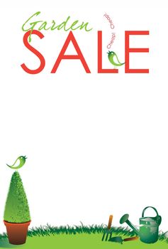 A portrait format garden sale themed poster set on an isolated white background with garden tools, grass and a topiary tree to the base of image.