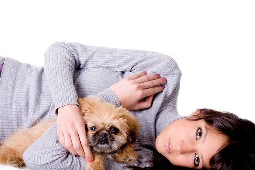 Brunette woman with a cute little pekingese