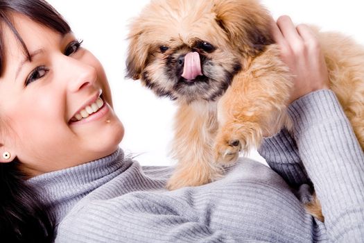 Brunette woman with a cute little pekingese