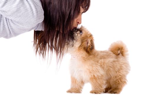 Brunette woman with a cute little pekingese