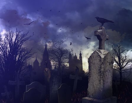 Halloween night scene in a spooky graveyard