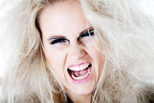 Screaming model with white wild hair.
Usable for health and beauty, cosmetics, love, hate and emotional issues.