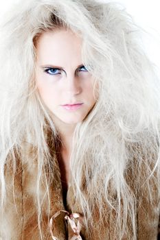 Model with wild white hair giving the viewer a fierce and agry look.
Usable for health and beauty, cosmetics, love, hate and emotional issues.