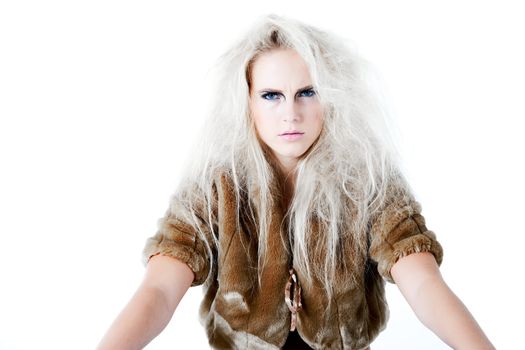 Model with wild white hair in a waiting pose with a fierce look.
Usable for health and beauty, cosmetics, love, hate and emotional issues.