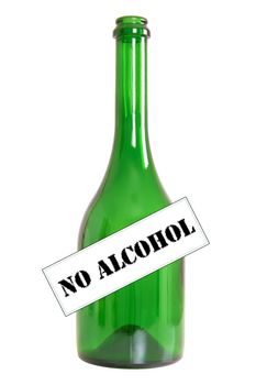 empty wine bottle with the label "no alcohol"
