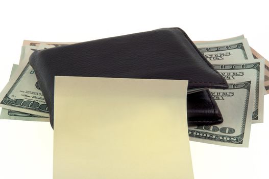The leather wallet with money and sticker, isolated on the white background.